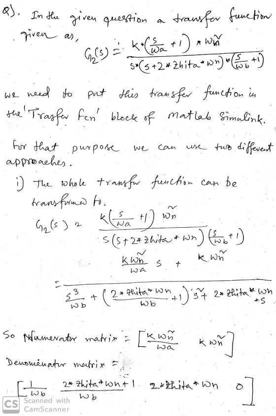 Q), In the given question given as, transfer function +1 ) f Gr(s) ti Kell oua win 5•(5 +2* Zhita-wn) feu + need to put this