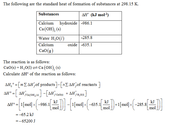 The following are the standard heat of formation of substances at 298.15 K AH (kJ mol1) SubstanceS Calcium hydroxide |-986.1