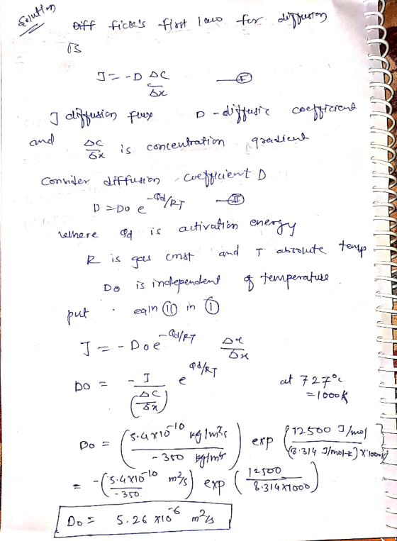 Soluting Diff ficks fish law for diffusion I diffusion free b-diffusie coefficient nad och is concentration gradient Conside