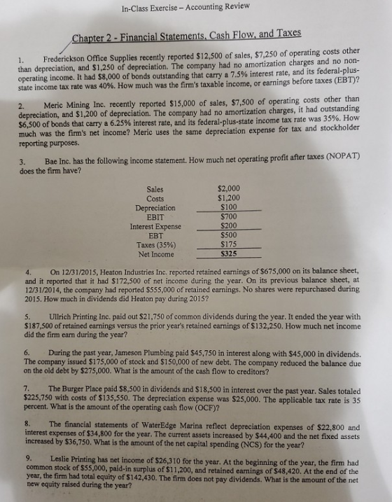 In-Class Exercise - Accounting Review Chapter 2 - Financial Statements, Cash Flow, and Taxes 1. Frederickson Office Supplies
