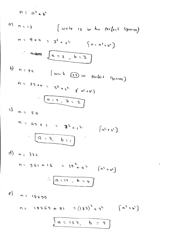 na a² +6² a) n.13 1 [write 13 in two perfect squares) n. 9+4 = 3 + 2 insab 1362 b) naga (wrik [19 in perfect squares) n = 25t