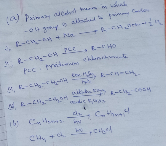 (a) Primary alcohol means in which -OH group is attached to primary Casson R-CH2-OH + Na - R-CH₂ONA / 24 1, e-cн, -он Рcc R-с