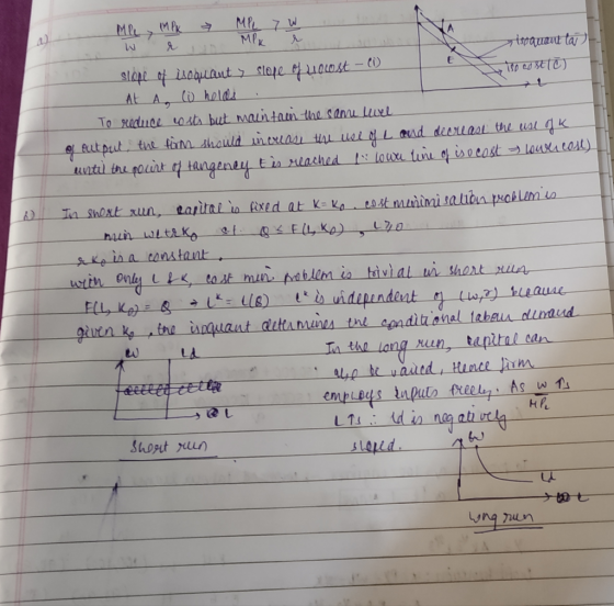 Mee MPK ² MP 7 W T īn MPx ł risoquant la slope of isoquant > slope of no cost - (1) iso cost to) At A (W holds . To reduce co