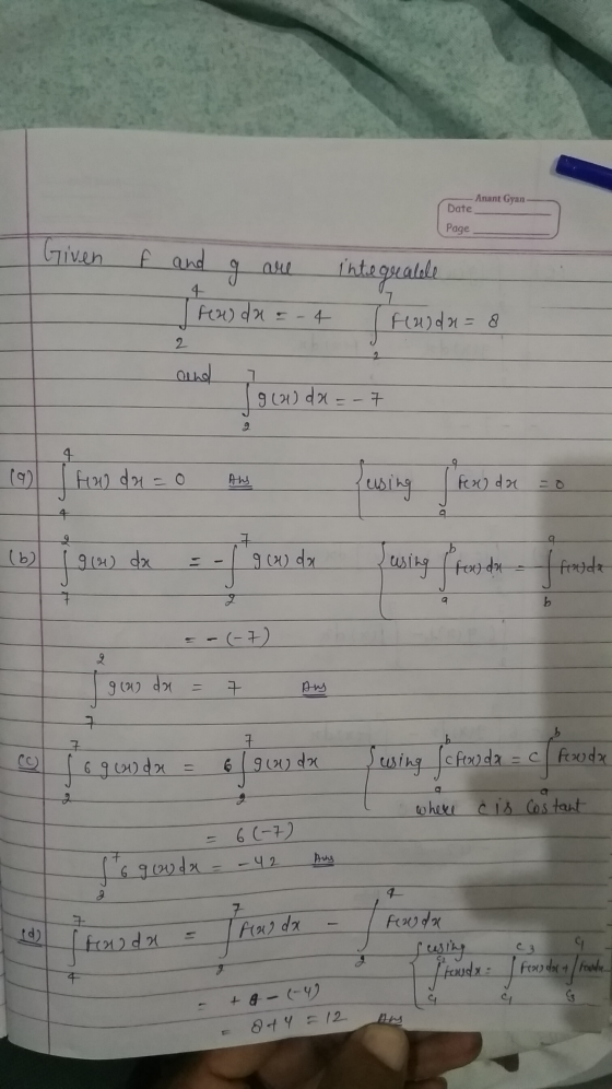Anant Gyan Date Page Given f and a are integralele reada = - 4 [Fulda = 8 and gw da = - 7 (9) how da=0 Aus fex da o (6) į gw