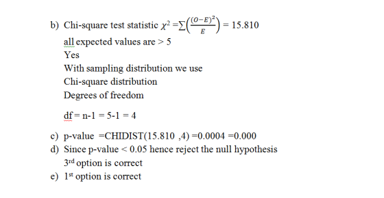 b) Chi-square test statistic x2 =2(0-5)) = 15.810 all expected values are > 5 Yes With sampling distribution we use Chi-squar