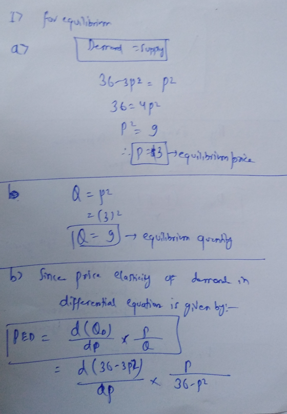 17 for equilibrings a Destead asupping 36-3p2 = P2 36-4p2 P²9 (p = $3 equilibrium price b Qapa (312 Q = 9) - equilibrion qurn