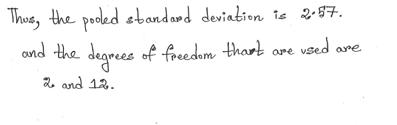 Thus, the pooled standard deviation is 2.57. and the degrees of freedom thast are used are 2 and 12.