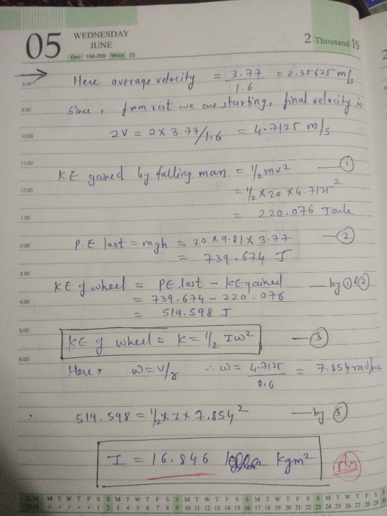 05 WEDNESDAY 2 Thousand 19 JUNE DAY 156-209 WEEK 23 2.3r(2 m =3.27 1-6 ,35625 Here average vdeci 8.00 tarting final velecity