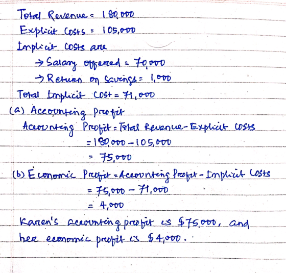 Total Revenue - 180.000 Explicit. Costs : 105,000 Implicit costs are Salary offered - 70000 Return on savings = 1,000 Total b