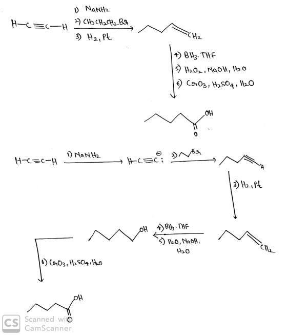 H— — — 1) Nante 5 сHз сHс. Вя. 3) Hoopt ACH2 4) BH3. THE s) H2O₂, NaOH, H2O O CAO2, H2SO4, H2O MY 1) NaNH He=c-H 9 H- © 2NBX