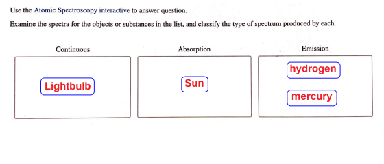Use the Atomic Spectroscopy interactive to answer question. Examine the spectra for the objects or substances in the list, an
