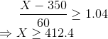 {X-350\over 60}\geq 1.04 \\ \Rightarrow X\geq 412.4