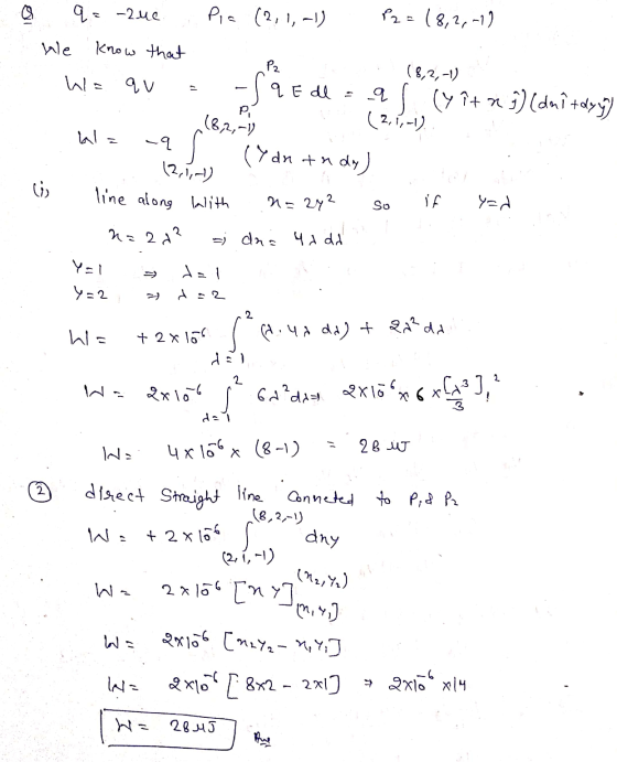 - uo o q = -2ue Pie (2, 1,-1) P2 = 18,2,-1) We know that (8,2,-1) - WE qv = -fq E dl=al (yît n }) (dni tday) al = -9 S. (ydn