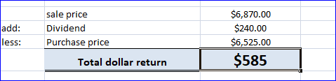 add: less: sale price Dividend Purchase price Total dollar return $6,870.00 $240.00 $6,525.00 $585
