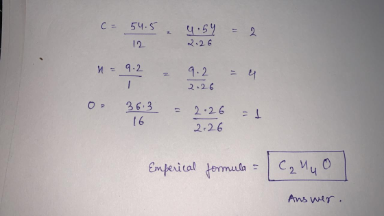 12 2:26 C54.5 4:59 = 2 * = 92 - 9: 24 02 303 = 2.26 = 1 2.26 CU 16 2.26 Emperical formula = C2 Muo Answer.