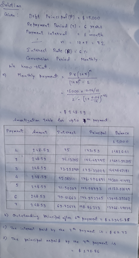 n - Solution Given : Deft Principal (P) - $ 15,000 Repayment period (T) = 6 years Payment interval 1 month - 12 YT - 72 Inter