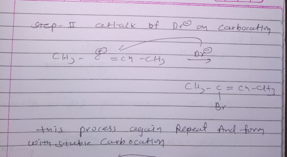 Step-II cett-ack of Bro on Carboccetion CH- & in-ct no CHyaç = ch-alta Br this process creen with stuble Carb occation Repeat