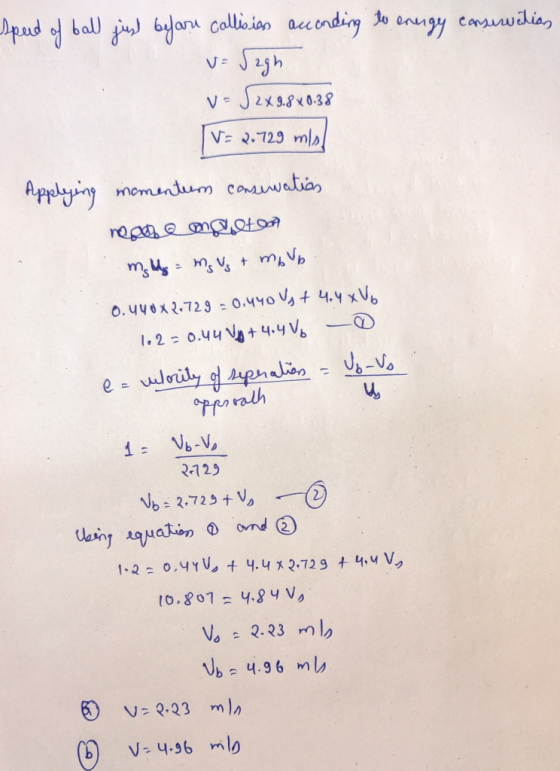 Speed of ball just before callision according to energy conservation v=Sagh u=$2x9.8x0.38 TV = 2.729 m/s Applying momentum co