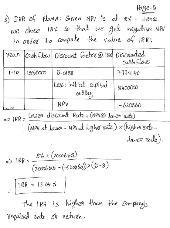 Page 5 3) IRR of Pland: Given NPV is at 8% Hence we chose 18% so that we get negative NPU in order to compute the value of IR