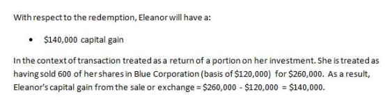 With respect to the redemption, Eleanor will have a: • $140,000 capital gain In the context of transaction treated as a retur