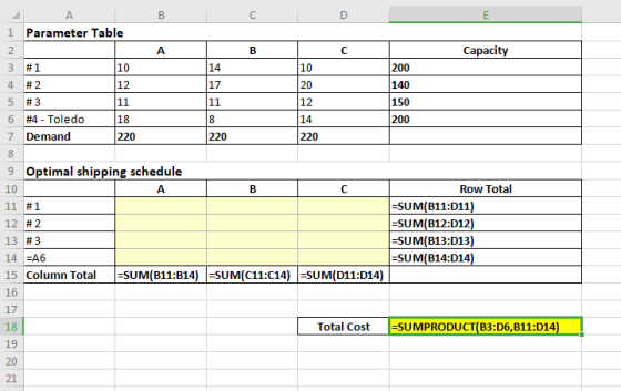B C D E А Parameter Table 1 2 A B с Capacity 3 #1 10 14 10 200 4 # 2 12 17 20 140 11 12 150 8 14 200 220 220 5 #3 11 6 #4 - T