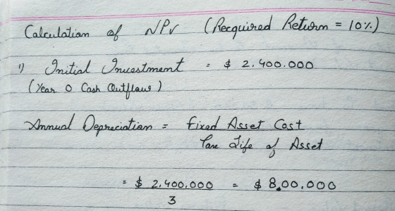 CReguirad Retism l0x) Calculaliam a NP Imitial uastmemt CYear o Cash Qutlaus 2.400.o00 mual Opcatian fixad Asset Cost Tan ali