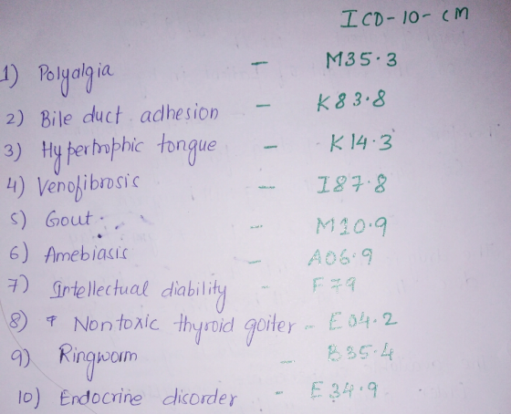 Ico-10-cm M35 3 K 8 3.8 2) Bile duct adhesion 3) Hy berhnphic tonque )Venokibrosic s) Gout 6) Amebiacic MA0.9 A069 teecual di