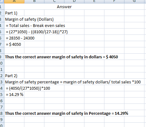 Answer Part 1) 3 Margin of safety (Dollars) = Total sales - Break even sales 5 = (27*1050) - (8100/(27-18))*27) 5 = 28350 - 2