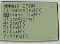 DISTR DRAW 11 normalpdf za normalcdf 3. invNorm 4: invTC 5: tpdf 6: tcdfd 72 pdf