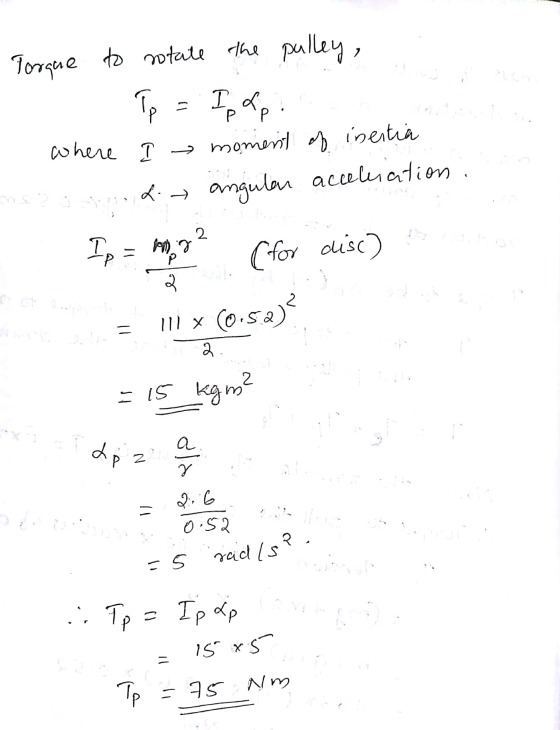 n Torque to notate the pulley, - Tp = Ipdp. where I moment of inertia .. Mis j tudi 7 angulon acceleration i Ip = my (for dis