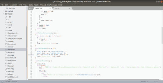 -/Desktop/CODE/demo.cpp (CODE) - Sublime Text (UNREGISTERED) File Edit Selection Find View Goto Tools Project Preferences Hel