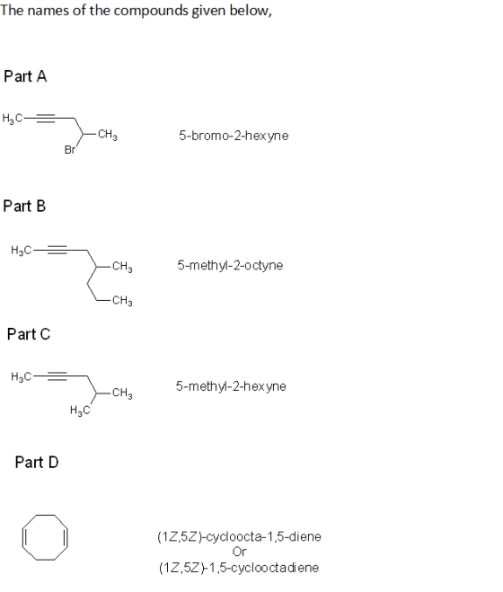 The names of the compounds given below, Part A H2C-= CHE 5-bromo-2-hexyne Br? Part B H3C-= - CH₂ 5-methyl-2-octyne LCH3 Part