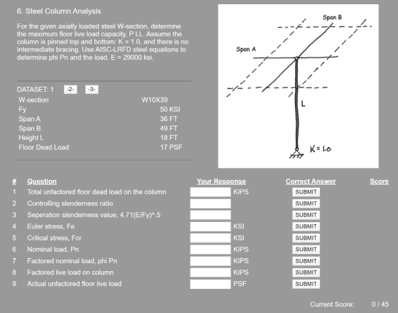 6. Steel Column Analysis Span B -- -- -- For the given axially loaded steel W-section, determine the maximum floor live load