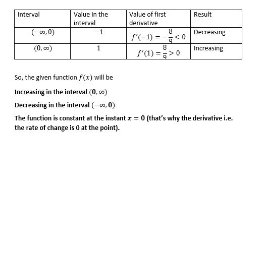 Interval Result Value in the interval -1 (-0,0) Value of first derivative 8 f(-1) = - 9 8 f(1) == > 0 Decreasing (0,0) 1 In