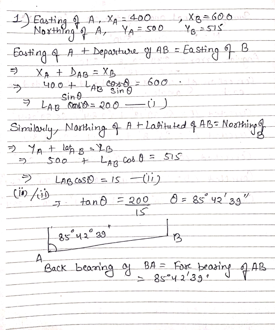 ino 1 ) Easting 2 A XA-40.0.com and X.3.=600.. -Northingle A, YA-Soo Yos11 ...Easting .4. A + Departure Y. AB = Easting 7. B.