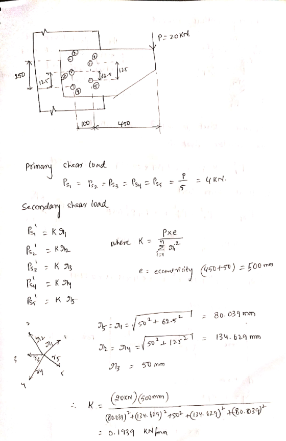 P- 20KN 100 450 in shear load рхе where K = ñ - Ps, = Ps2 = Ps3 = Psy = Pss = f = 4kn. Secondary shear load Ps, = ksi Psa =