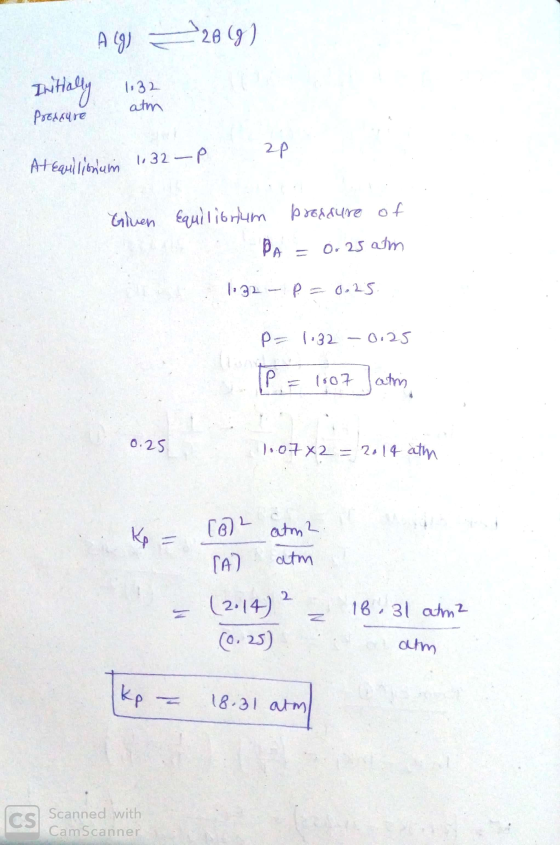 2009) Ag) = Iritally 1632 Prodsure atm 2p At equllionum 1132-P Gluen Equilibrium prorsure of DA = 0.25 atm 1:32 - P = 025 P=