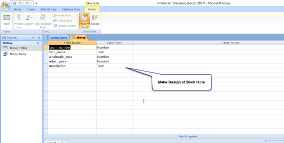Table Tools wholserler : Database (Access 2007) - Microsoft Access Home Create External Data Database Tools Design Insert Row