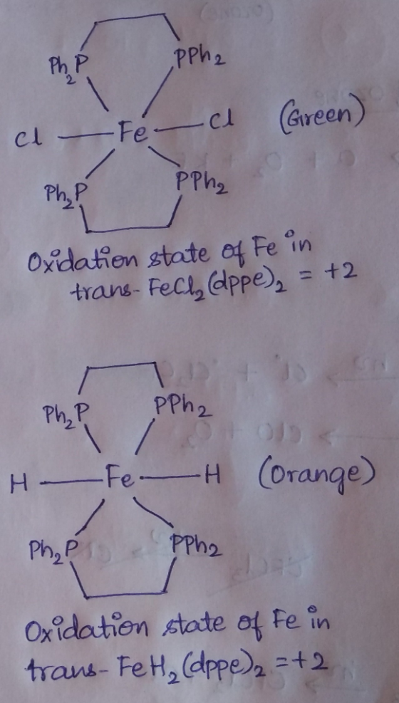 Ppha ろ ? ce Fee (Green) Oxidation state of Fe in trans- Fell, dppe), = +2 PhP PPh2 Fe H (Orange) H Phap PPh2 Oxidation state