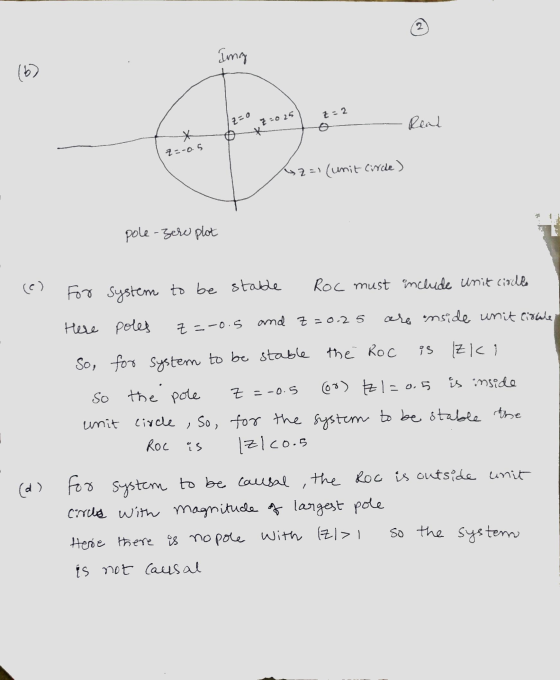 Img :2 2=0 Z=025 Real * 7=-0.5 Az=1 (unit Circle ) pole-zere plot (0) RoC must include unit circle For system to be stable is