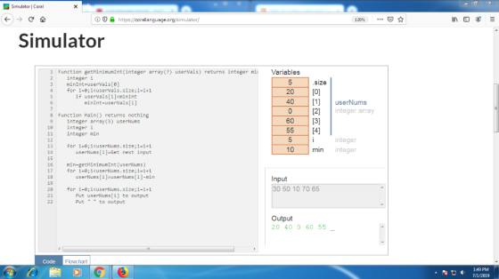 Simulator Coral O https://corallanguage.org/simulator/ ... 120% Simulator 1 Function getMinimumInt (integer array (?) userVal