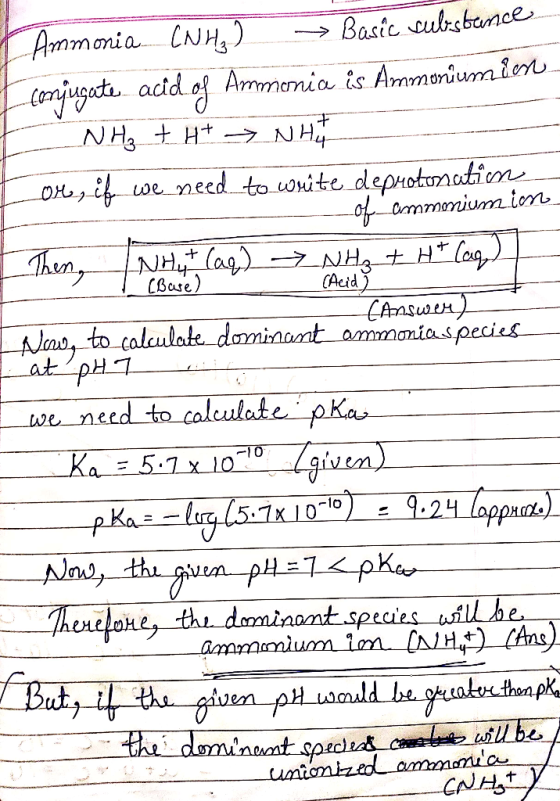 Amm onia CNH Basic cubsbemce (omjugote acid of Ammania is Ammoiumlen NH Ht NH ox, if we need to wnite depHotonatin 0ammnium i
