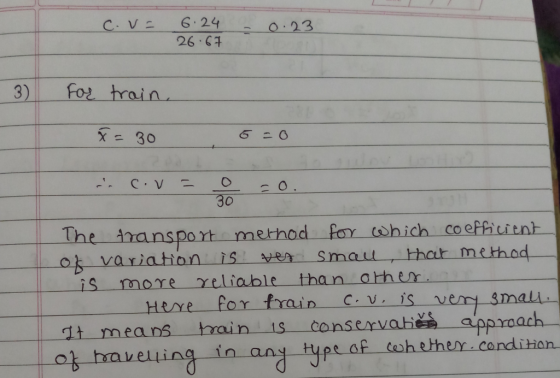 C.V= 6:24 26.67 - 0.23 For train 8= 30 .5=0 in c.v = O = 0. 30 The transport method for which coefficient ok variation is ver