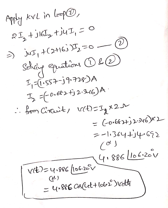 2 Apply KvL in loop, 21, + jIGI, tju I, - O =) juI, +(2+16))I, =0 Schring equations O e @ I = (11557-391728)A Iz =(-0.66 662
