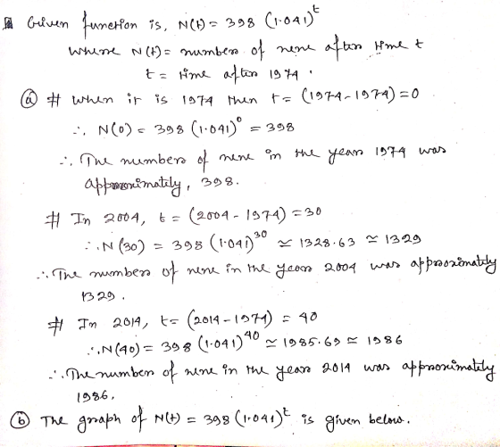 a brieven function is, NCH = 398 (1.041) wherre Ni(t) = numbers of nene after himet 1 t= time after 1974 - @ # when it is 197