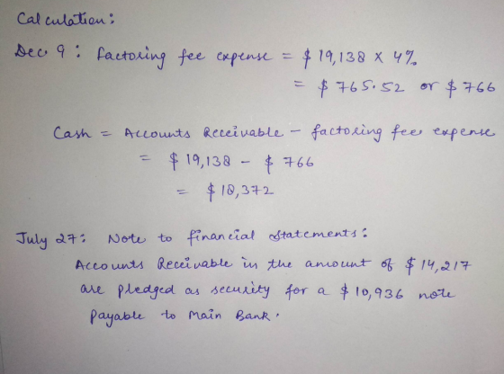 Calculation: Dec 9: factoring fee expense - $ 19,138 X 4% = $ 765.52 or $766 Cash = factoring fee expense Accounts receivable