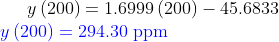 y\left ( 200 \right )=1.6999\left (200 \right )-45.6833\\ {\color{Blue} y\left ( 200 \right )=294.30 \textup{ ppm}}