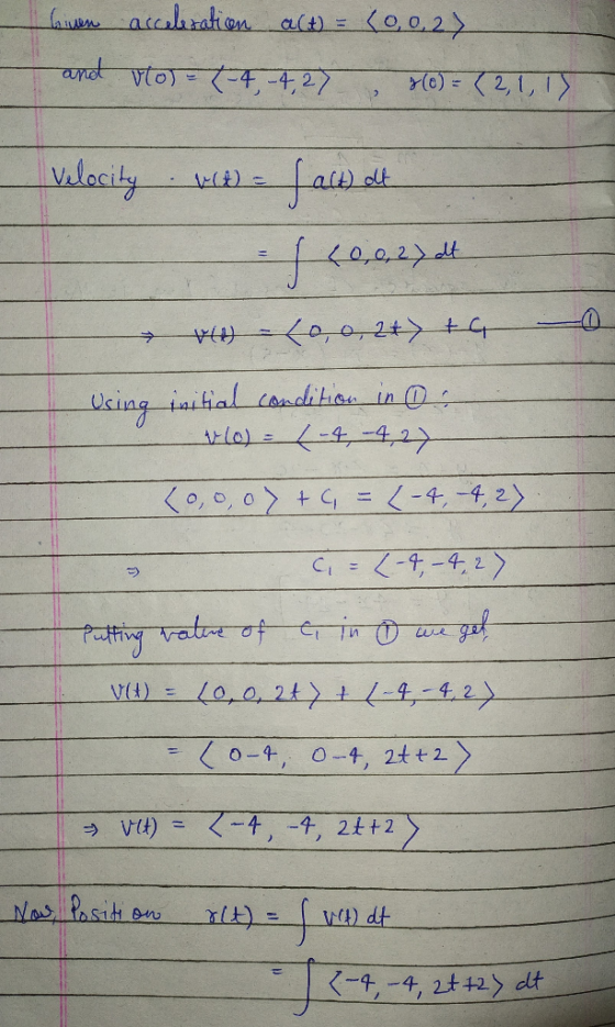 lawen acceleratisen act) = (0,027 and vio)= (-4, -4,27 (0) = (2, 1, 1) velocity (t) = fact it f42.92744 - WH - (0, 0,2+> +- U