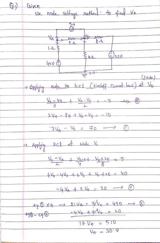 -Q11 Given I use node voltage method to find vo w Mt or Hoone (Node) - Applying Kude vo kak_kirchoff Consuet ham) at Vit __26