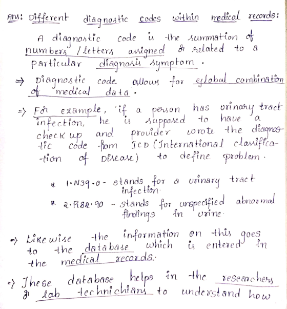 Ans: Different diagnostic codes within medical records: A diaqnostic code is the summation of numbers I letters assigned of r